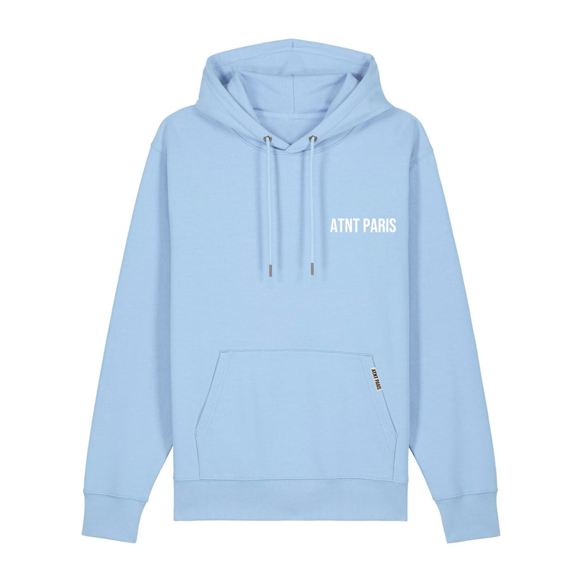 Sweat à capuche bleu ciel essentials ATNT PARIS, vue de face.