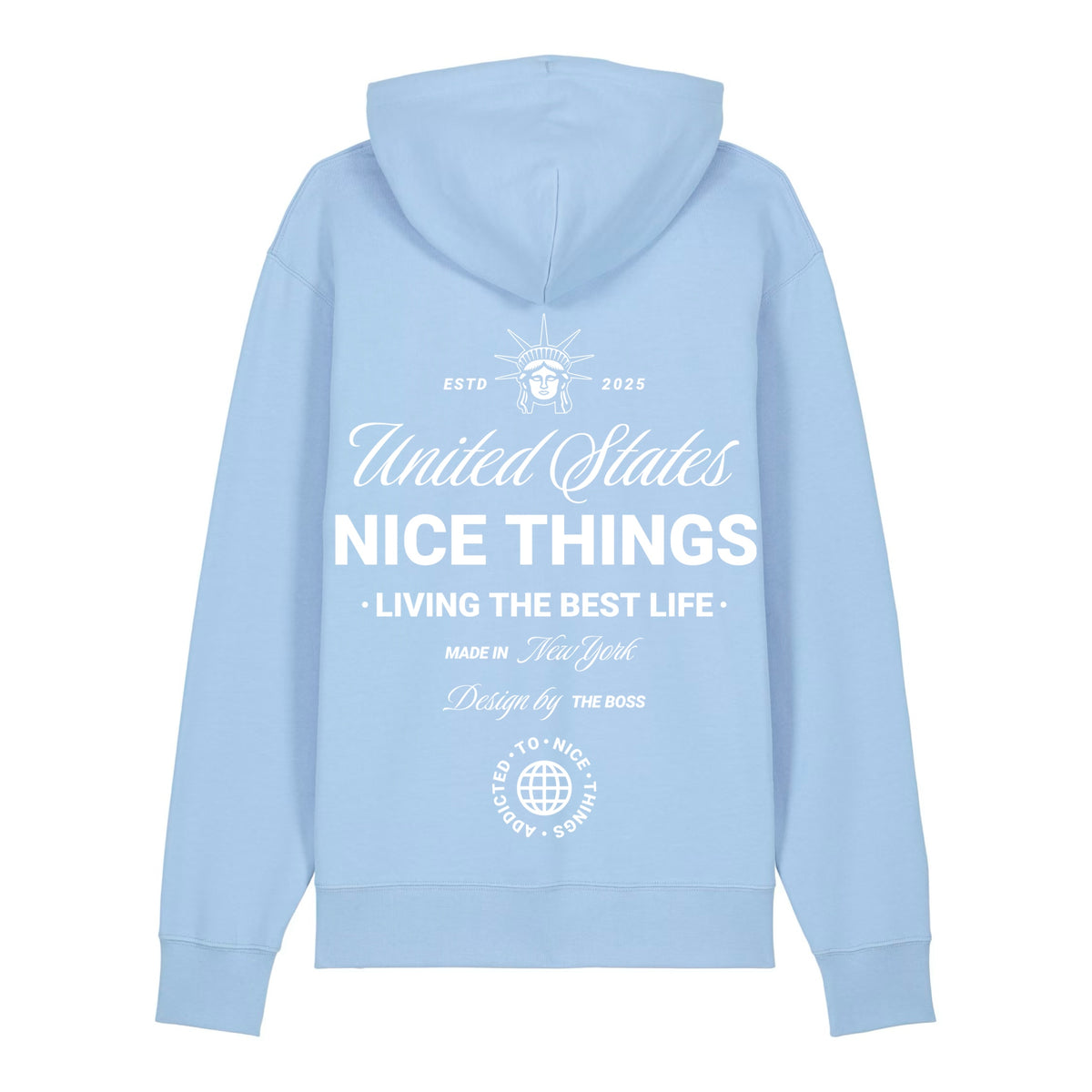 Sweat à capuche bleu ciel NYC Héritage ATNT PARIS, vue de dos.