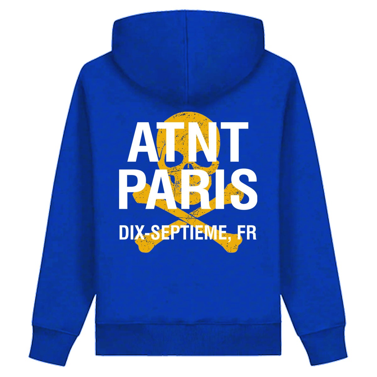 Sweat à capuche bleu Dix-Septième ATNT PARIS, vue de dos.