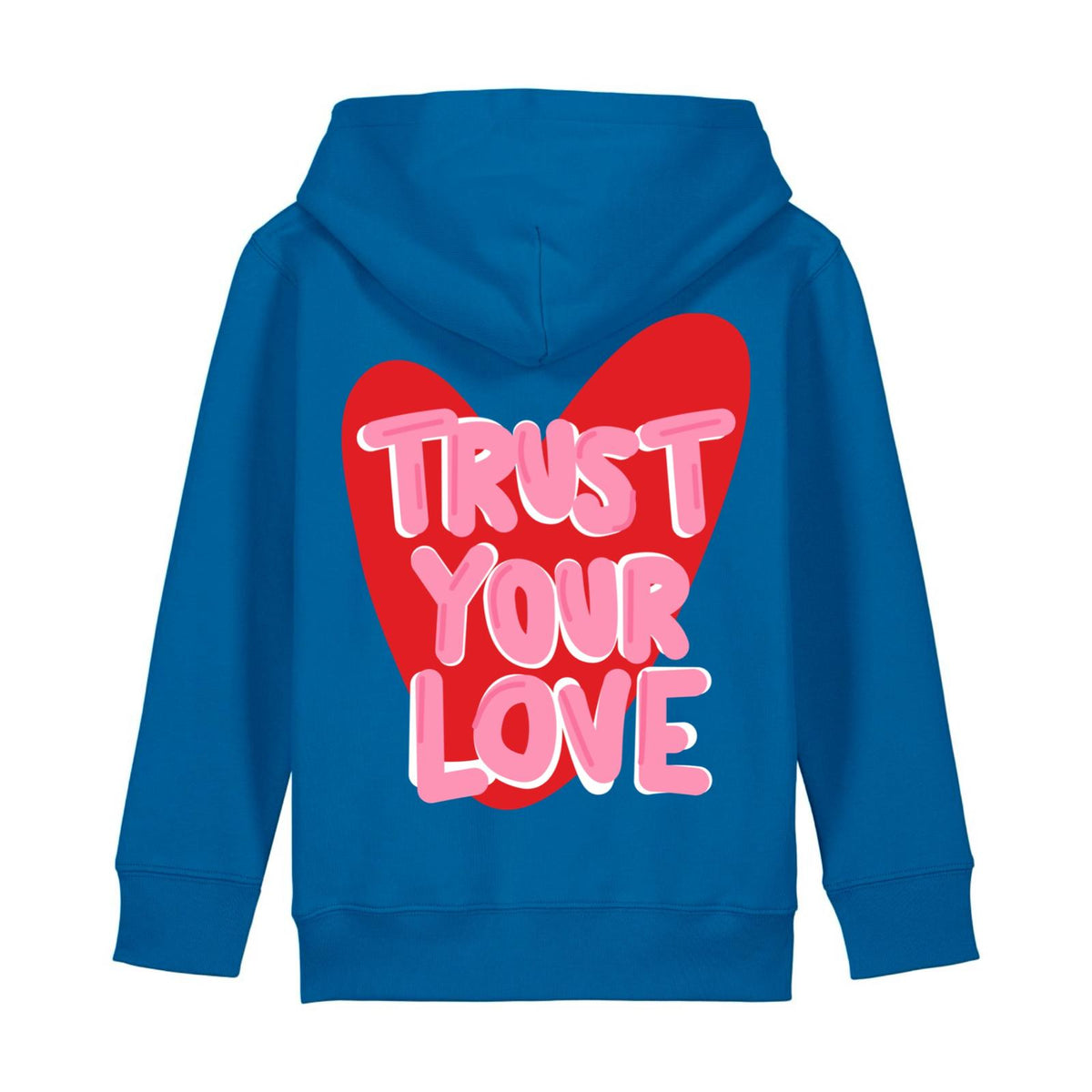 Sweat à capuche bleu enfant trust love ATNT PARIS, vue de dos.