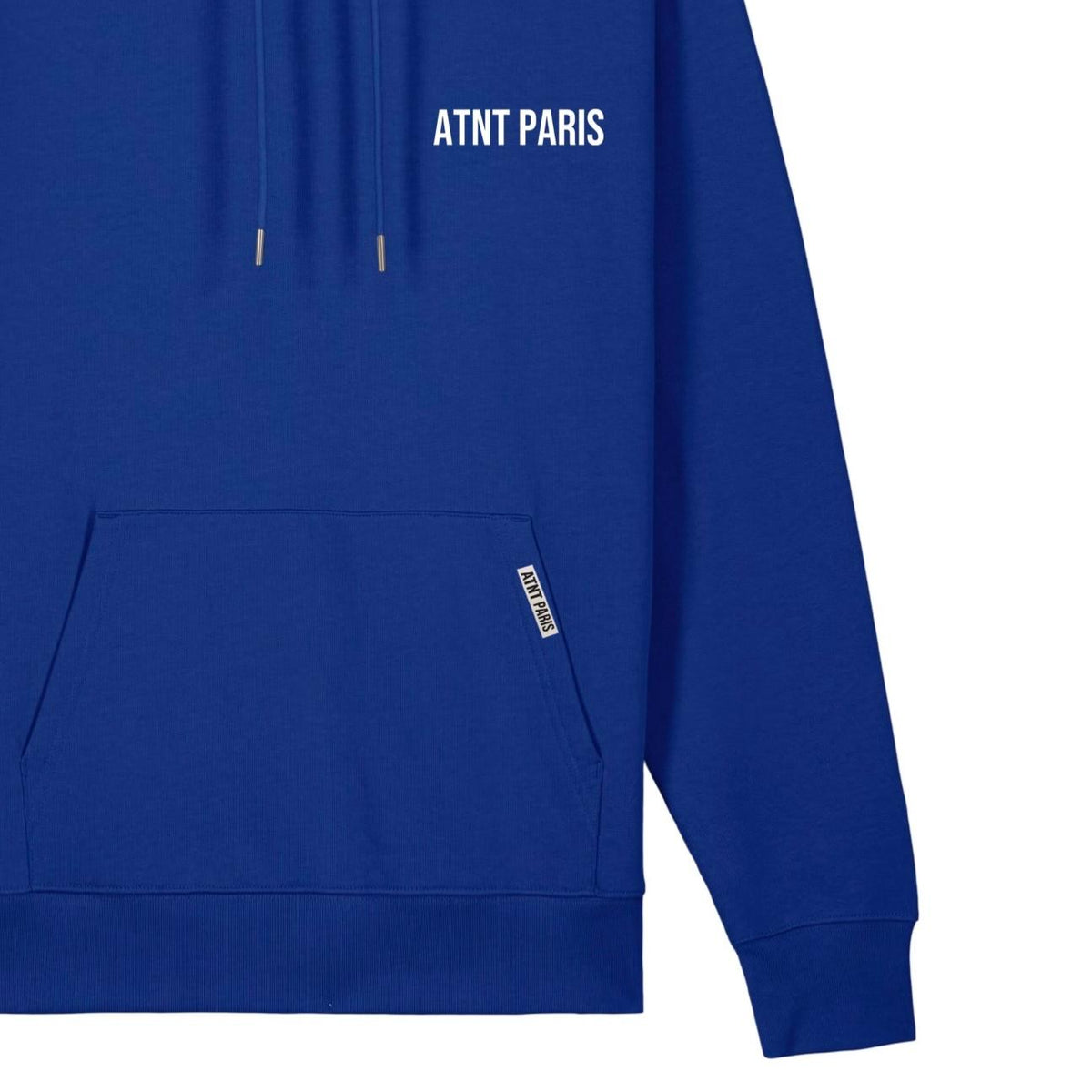 Sweat à capuche bleu essentials ATNT PARIS, vue de détail.