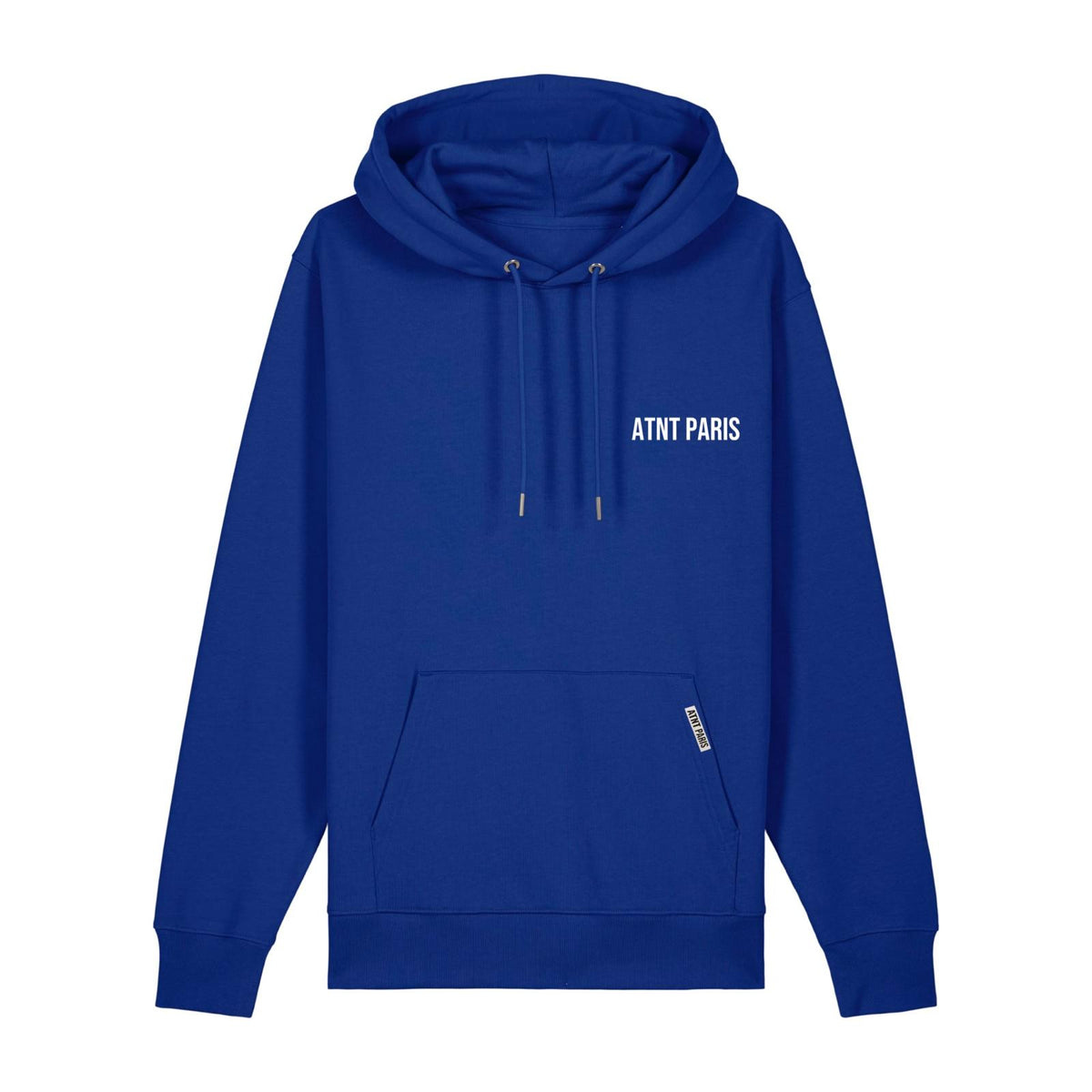 Sweat à capuche bleu essentials ATNT PARIS, vue de face.