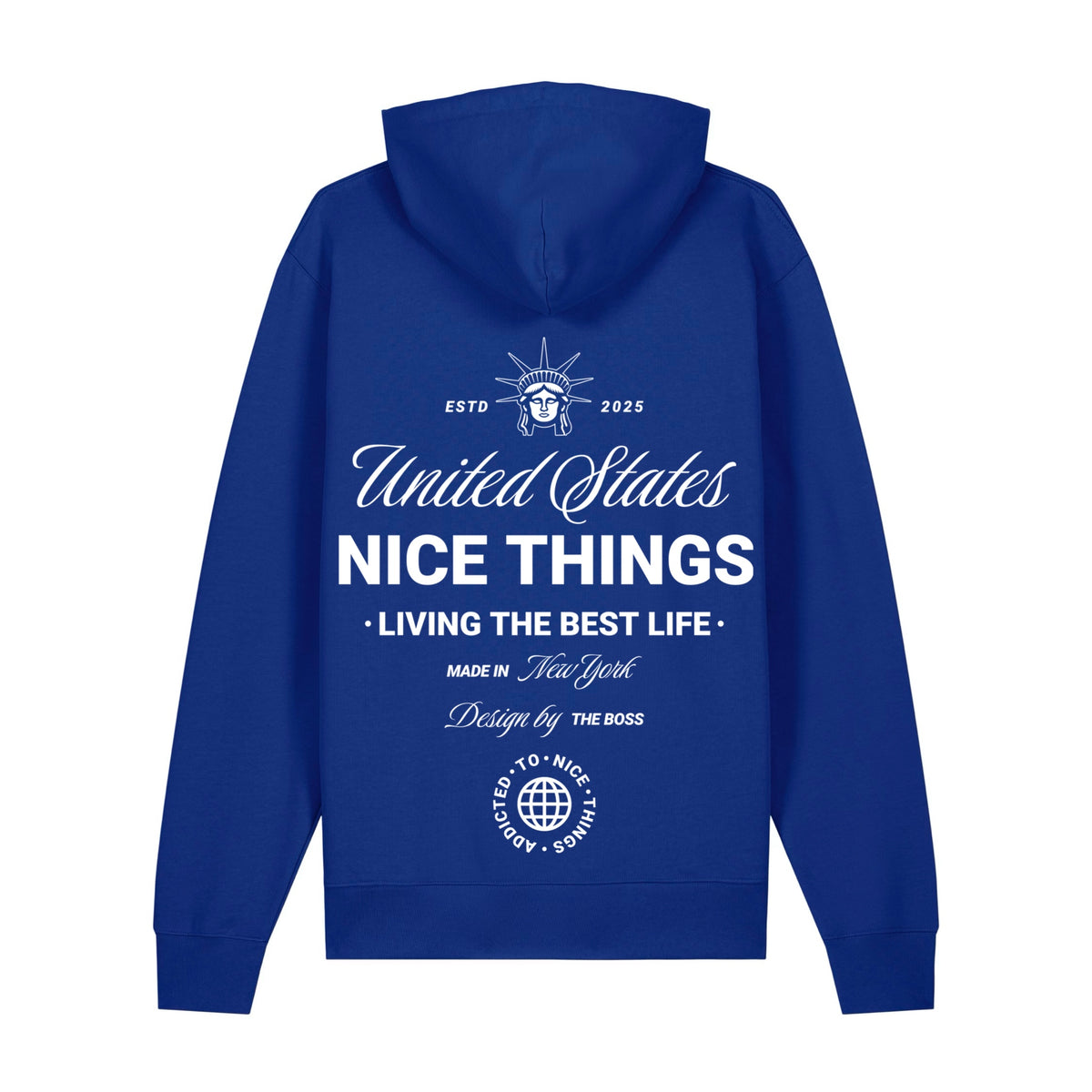 Sweat à capuche bleu roi NYC Héritage ATNT PARIS, vue de dos.