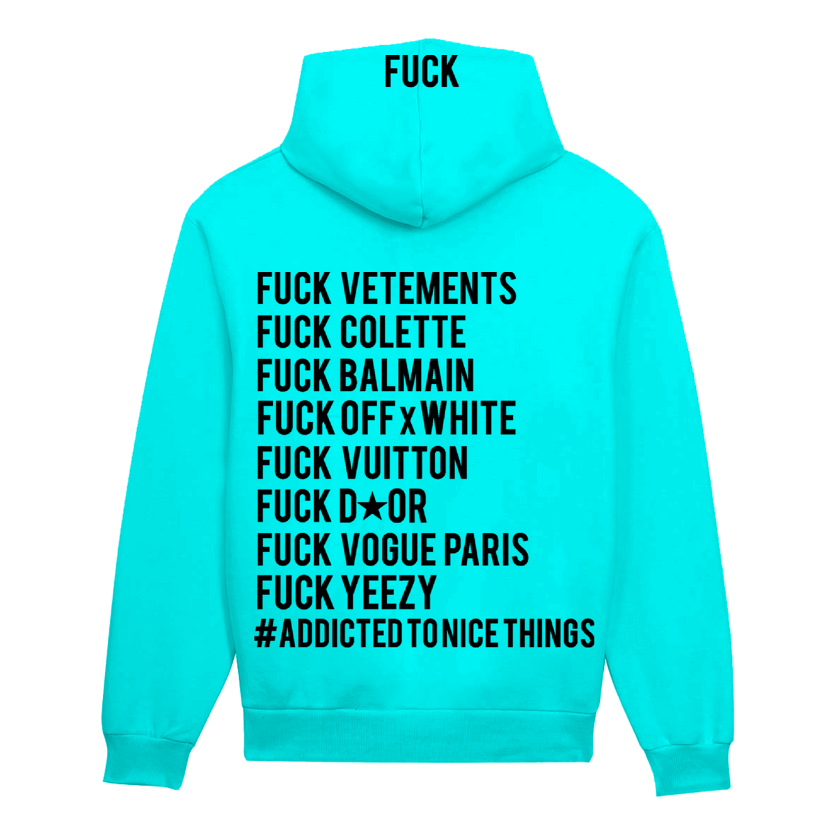 Sweat à capuche bleu tiffany fuck vêtements ATNT PARIS, vue de dos.