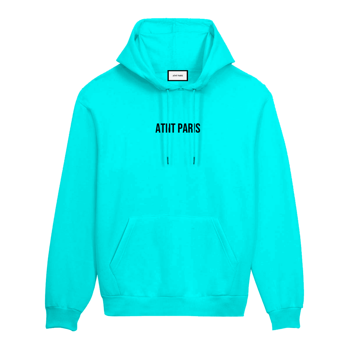 Sweat à capuche bleu tiffany fuck vêtements ATNT PARIS, vue de face.