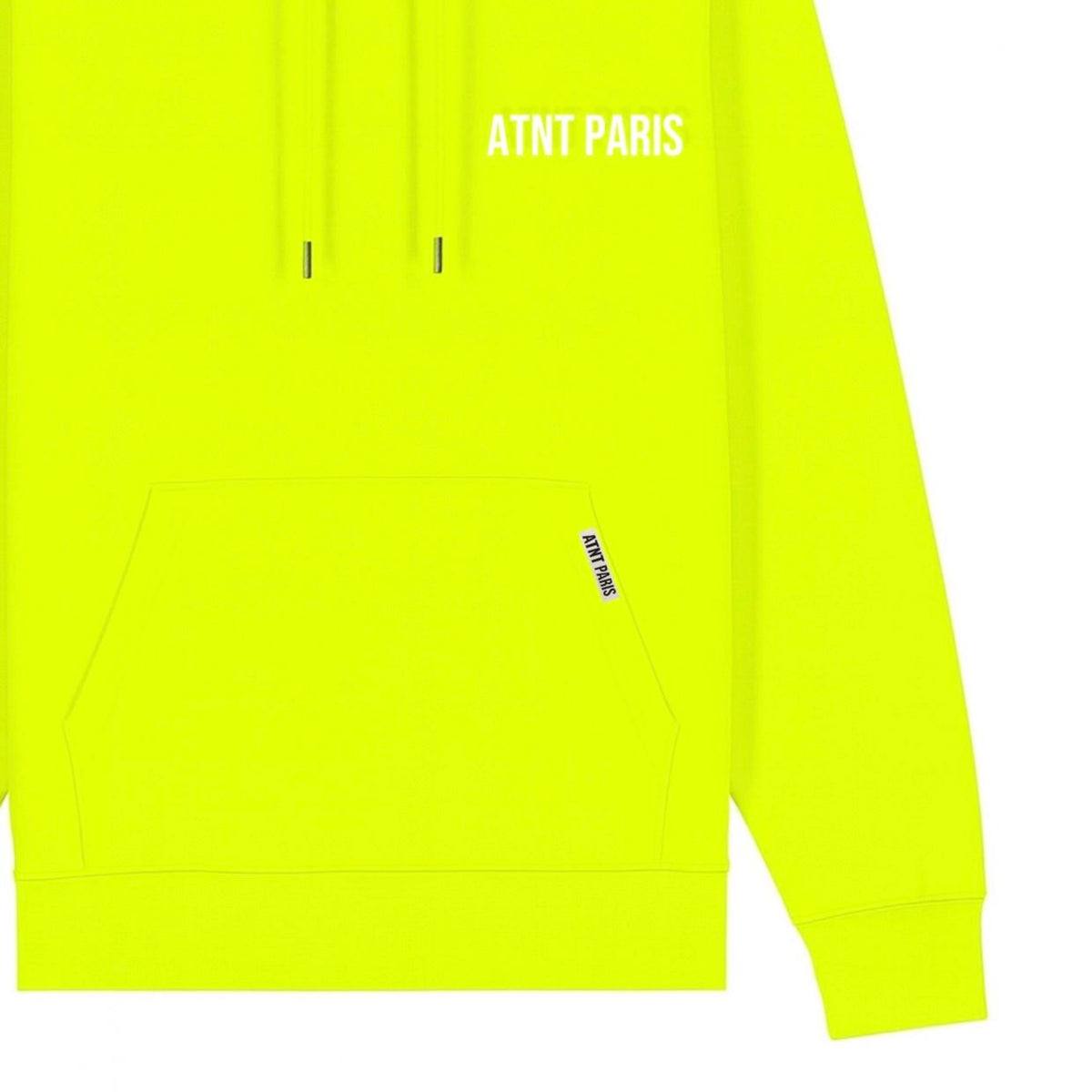 Sweat à capuche jaune fluo essentials ATNT PARIS, vue de détail.