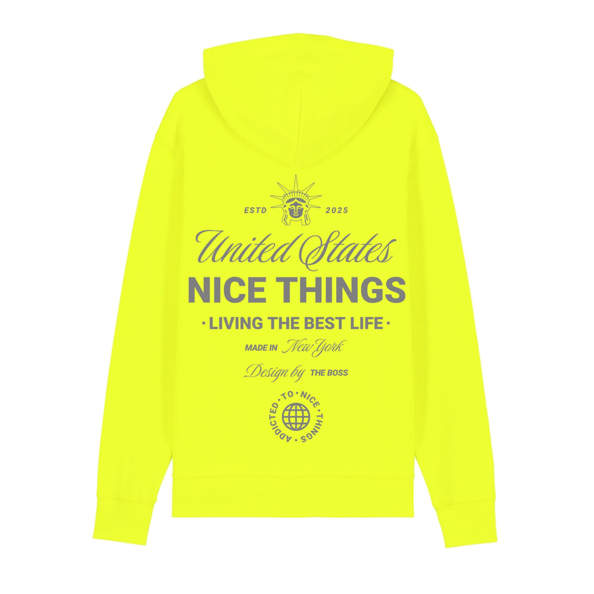 Sweat à capuche jaune fluo NYC Héritage ATNT PARIS, vue de dos.