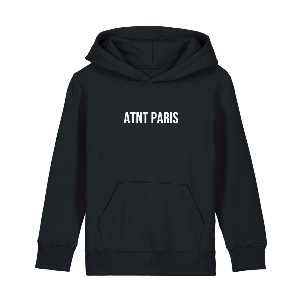 Sweat à capuche noir enfant atnt logo ATNT PARIS, vue de face.