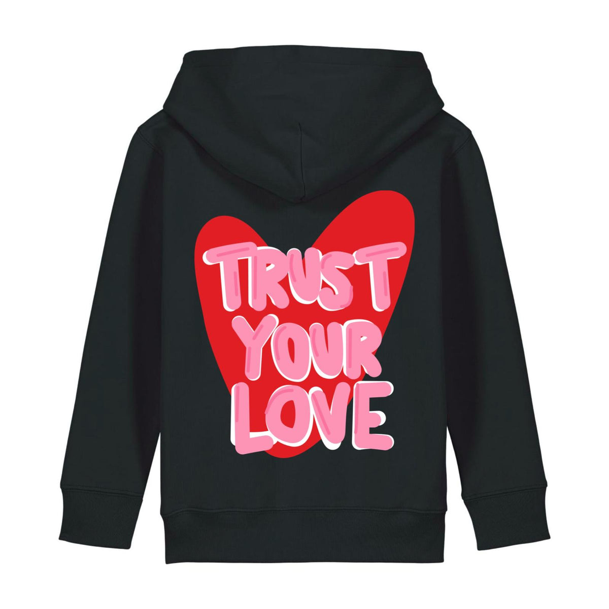 Sweat à capuche noir enfant trust love ATNT PARIS, vue de dos.