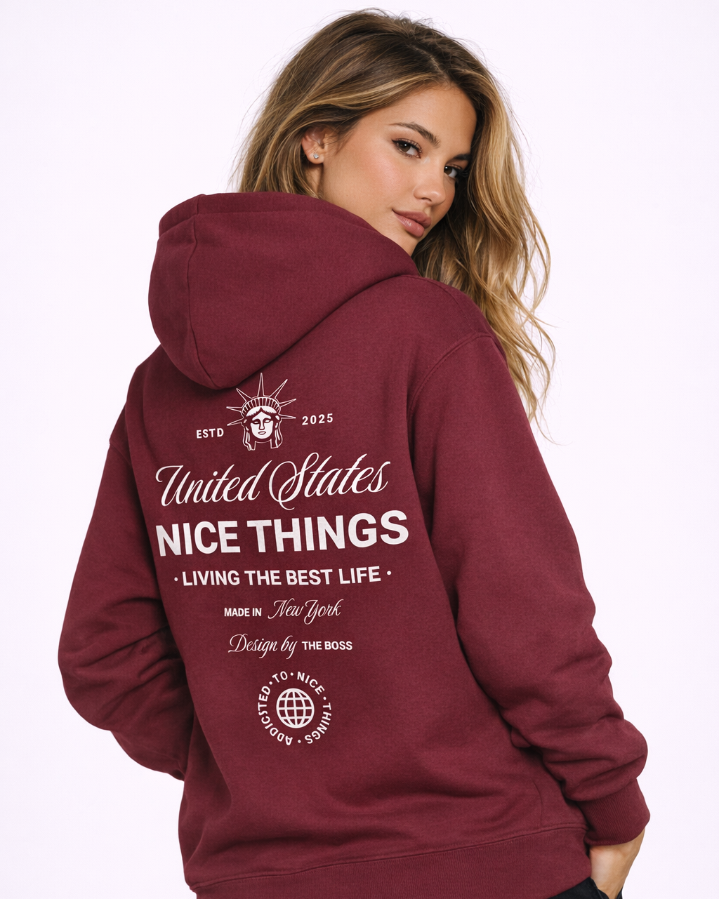 Sweat à capuche oversize bordeaux nyc heritage ATNT PARIS, porté, vue de dos.