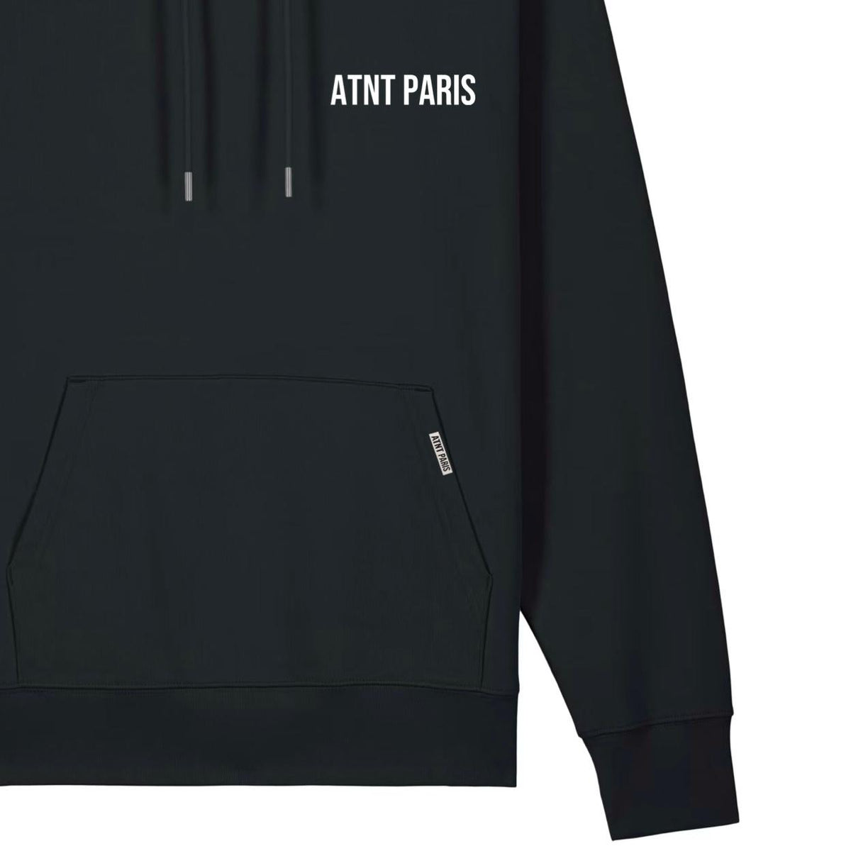 Sweat à capuche oversize noir essentials ATNT PARIS, vue de détail.