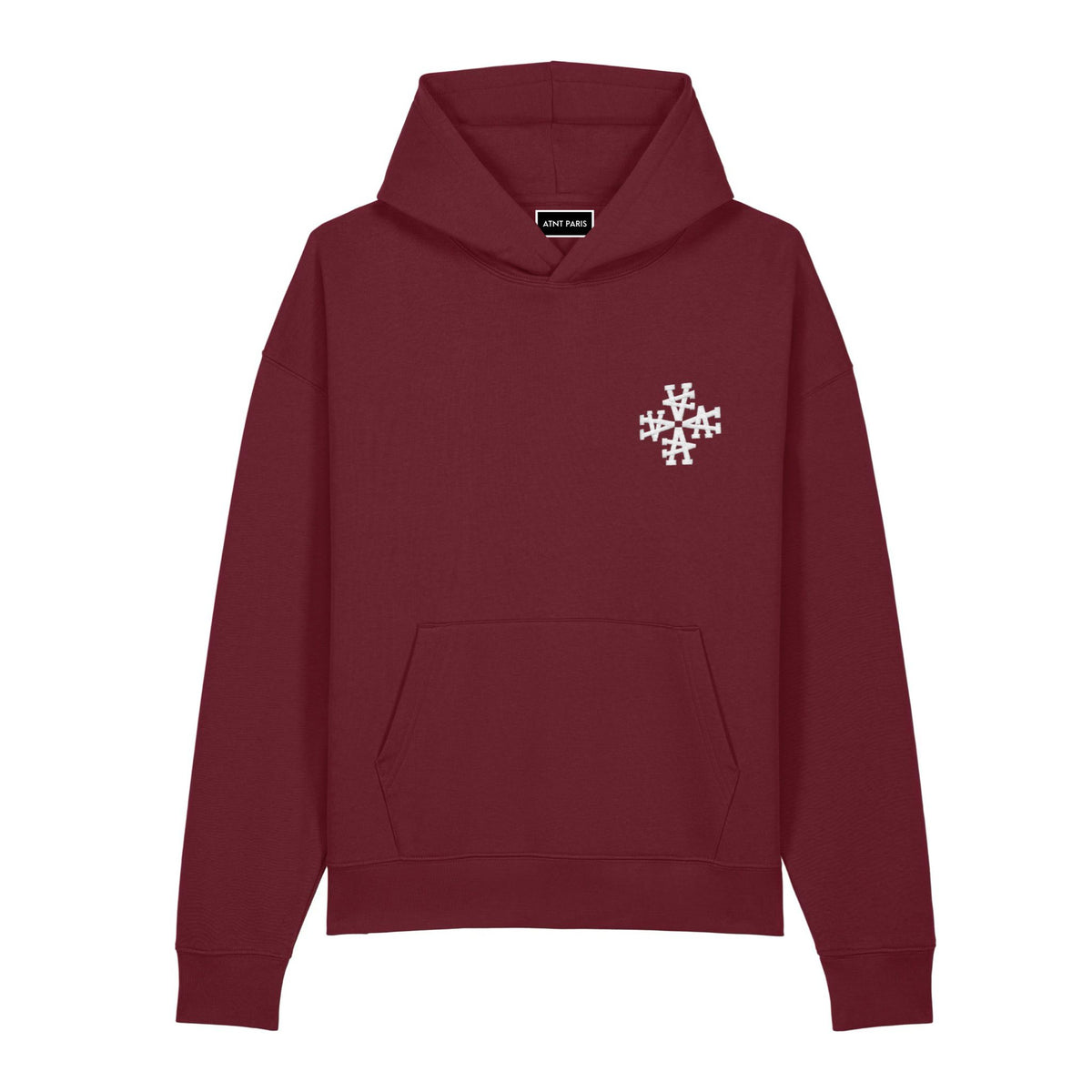 Sweat à capuche oversize signature bordeaux ATNT PARIS, vue de face.