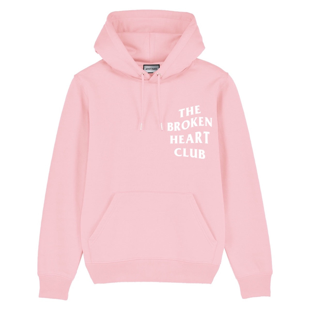 Sweat à capuche rose clair broken heart ATNT PARIS, vue de face.