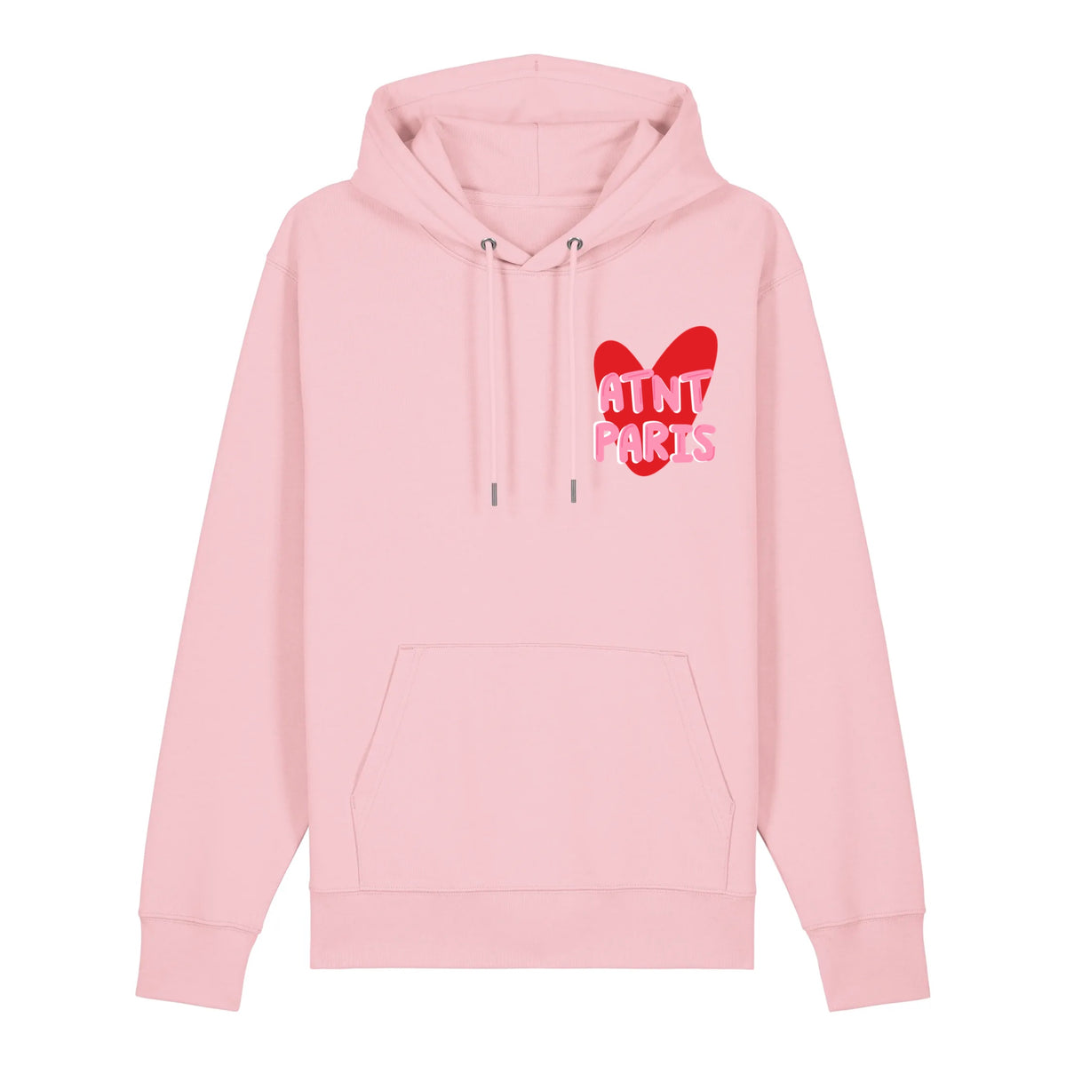 Sweat à capuche rose Trust Your Love ATNT PARIS, vue de face.