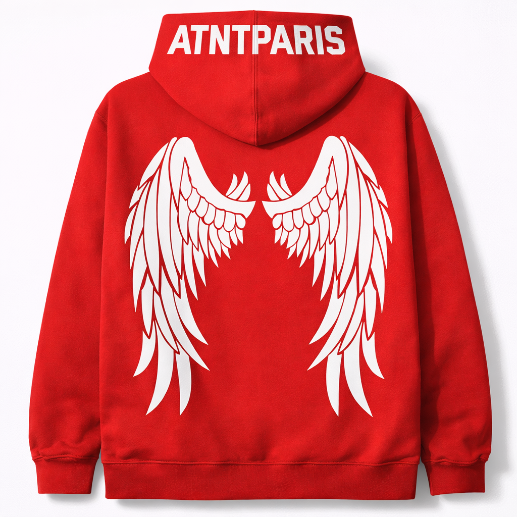 Sweat à capuche rouge Dark Angel ATNT PARIS, vue de dos.