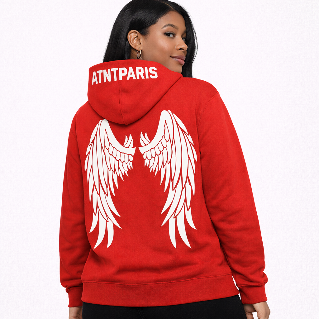 Sweat à capuche rouge Dark Angel ATNT PARIS, porté, vue de dos.