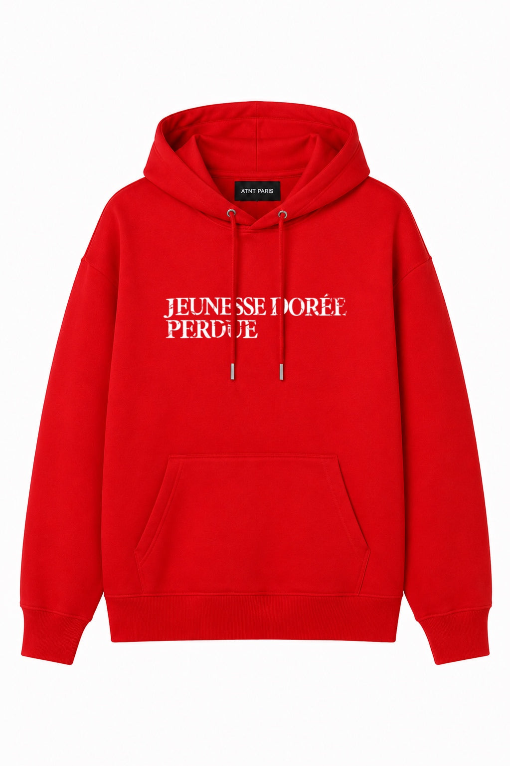 Sweat à capuche rouge Jeunesse Dorée Perdue ATNT PARIS, vue de face.
