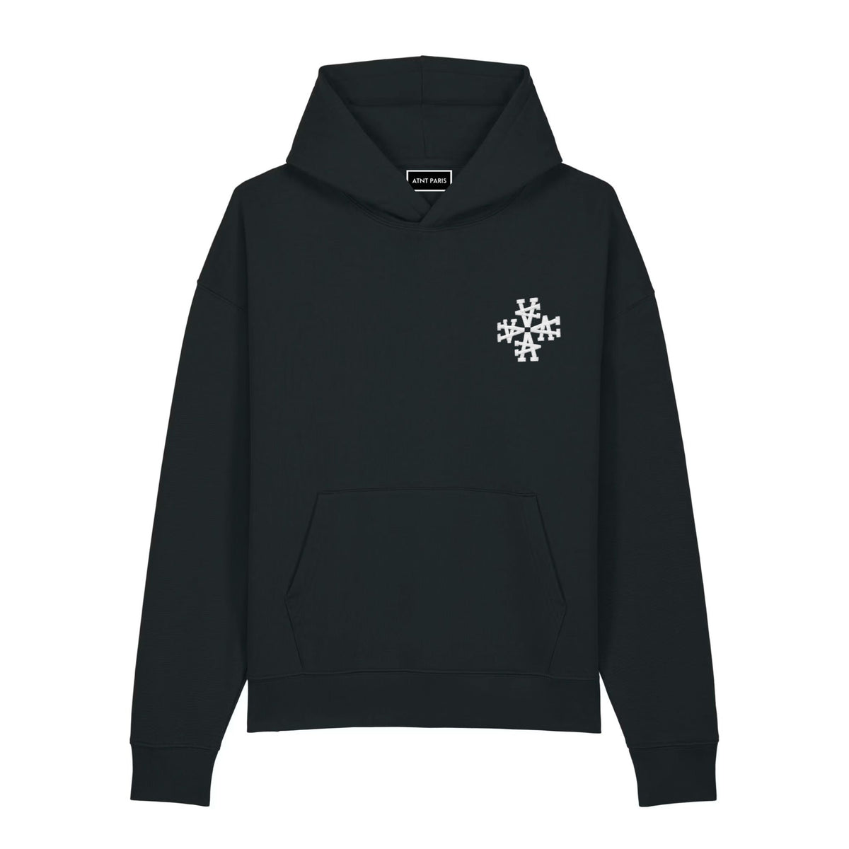 Sweat à capuche signature noir oversize ATNT PARIS, vue de face.