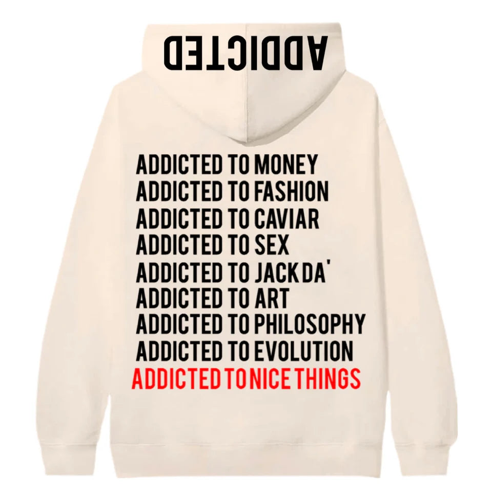 Sweat à capuche unisexe addicted blanc cassé ATNT PARIS, vue de dos.