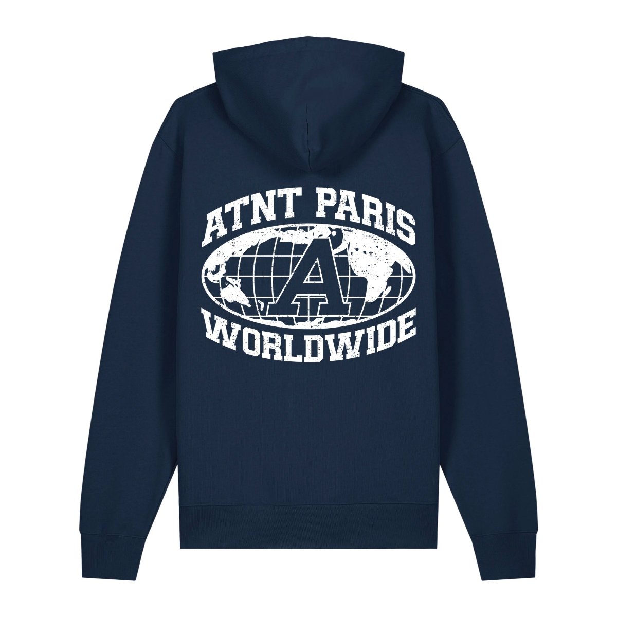 Sweat à capuche unisexe bleu marine worldwide ATNT PARIS, vue de dos.