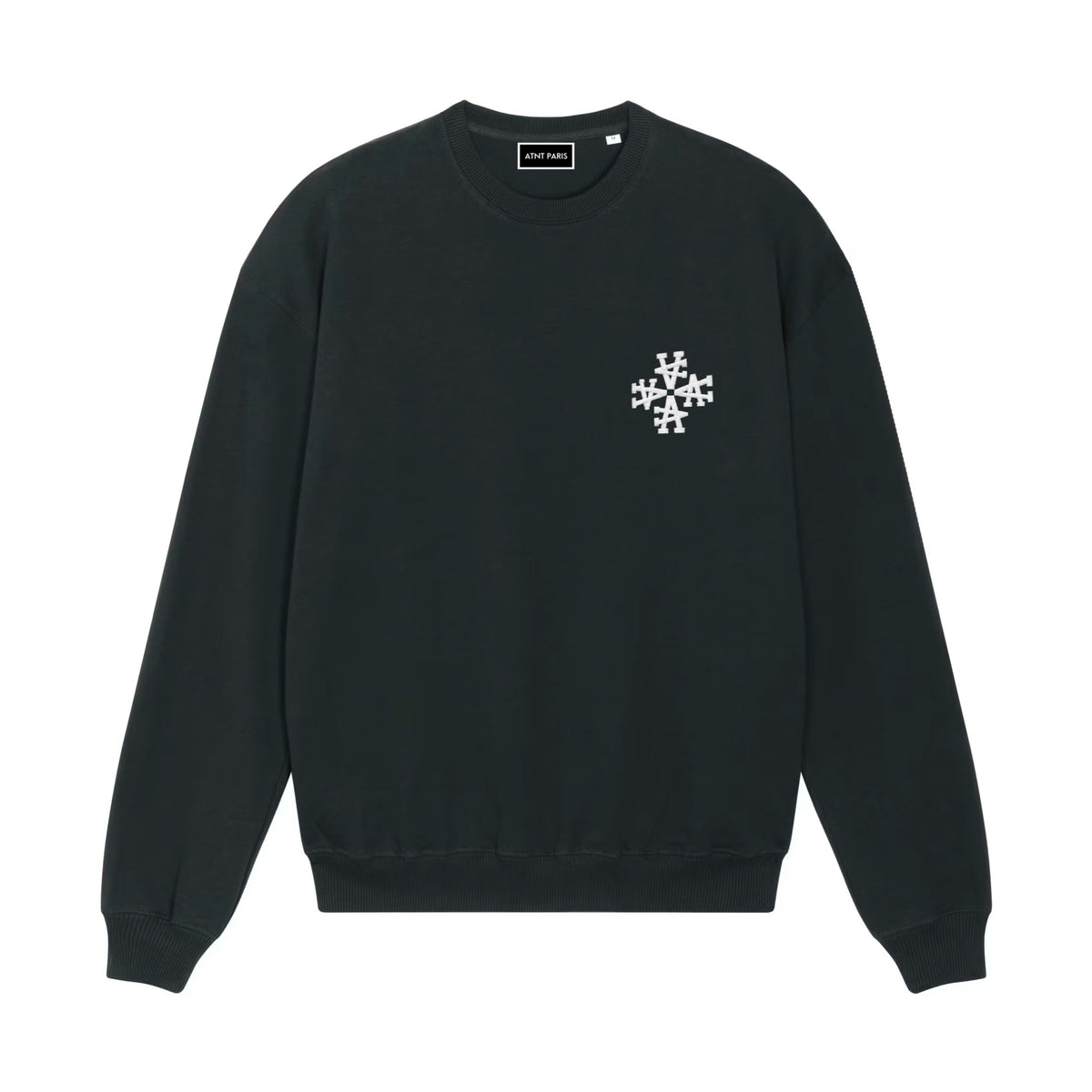 Sweat col rond signature noir ATNT PARIS, vue de face.