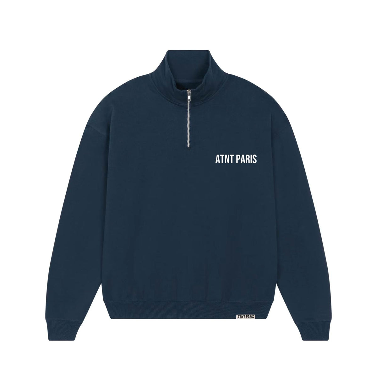 Sweat col trucker bleu marine essentials ATNT PARIS, vue de face.