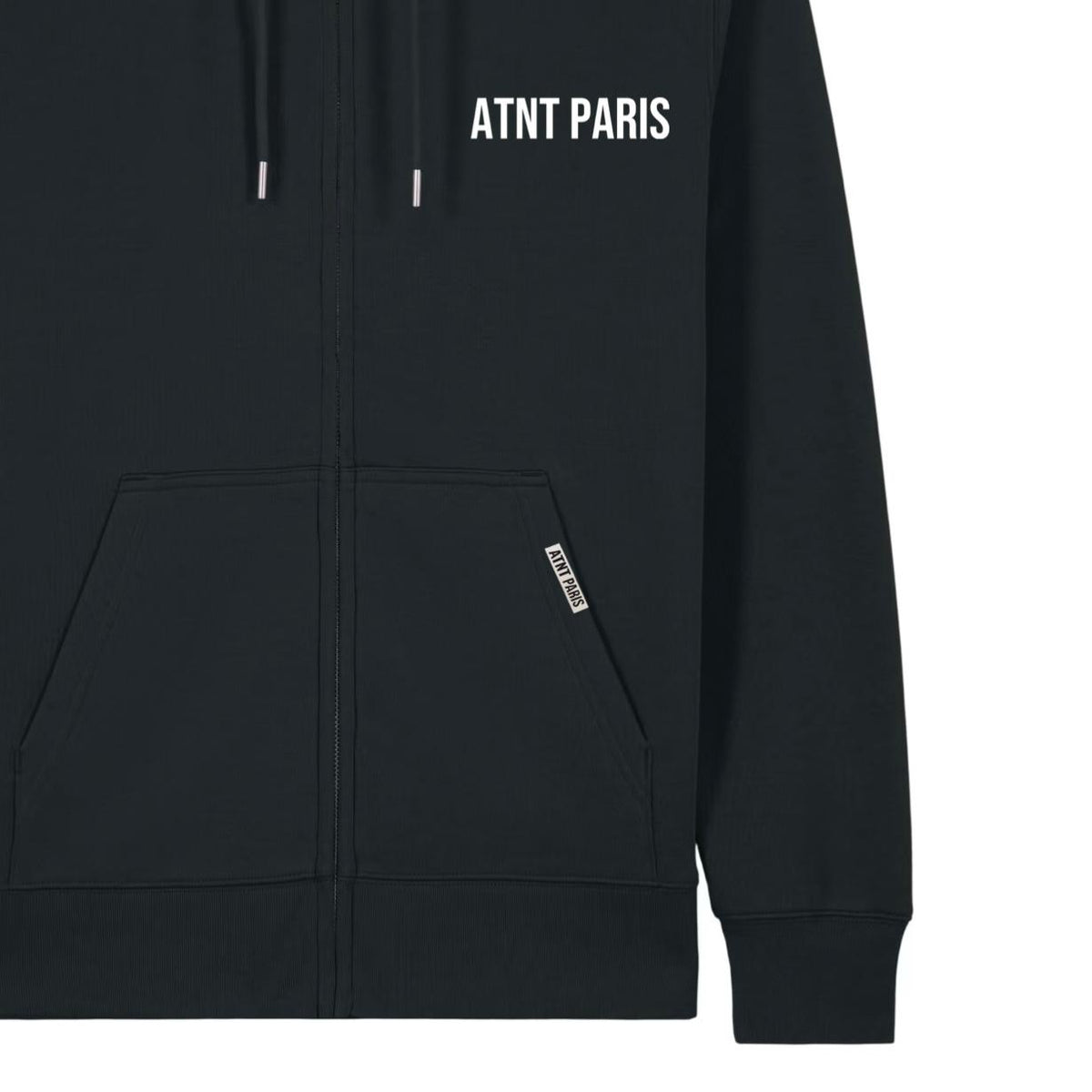 Sweat zippé noir essentials ATNT PARIS, vue de détail.