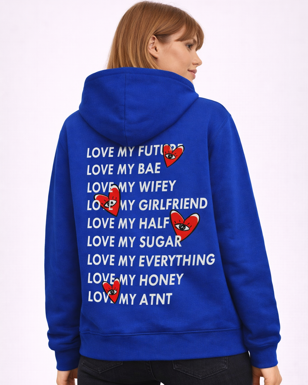 Sweat à capuche bleu ATNT Paris porté de dos, inscription “Love My Future” avec cœurs graphiques, style streetwear luxe, mannequin femme mince, photo studio