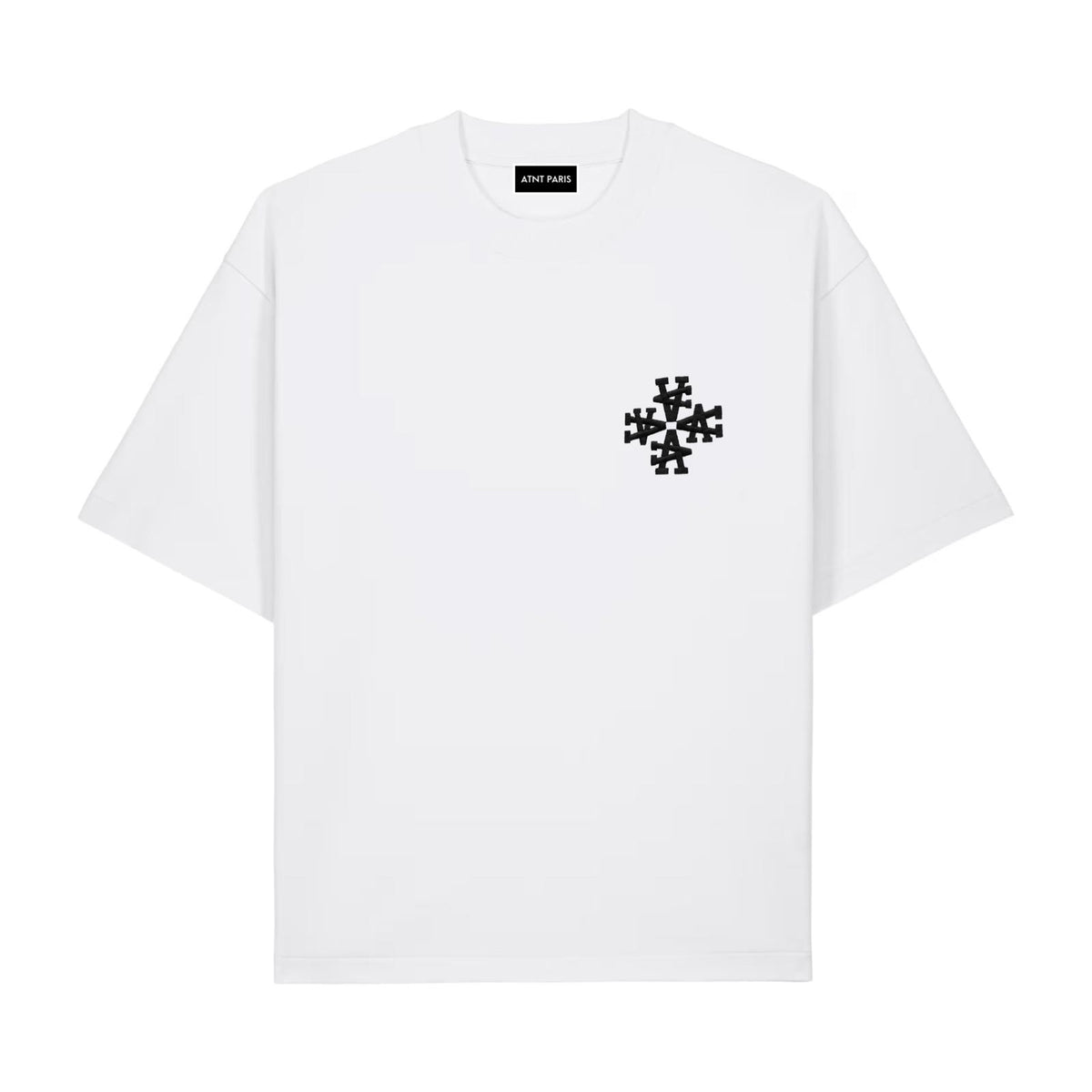 T-shirt blanc signature broderie noire iconique ATNT PARIS, vue de face.