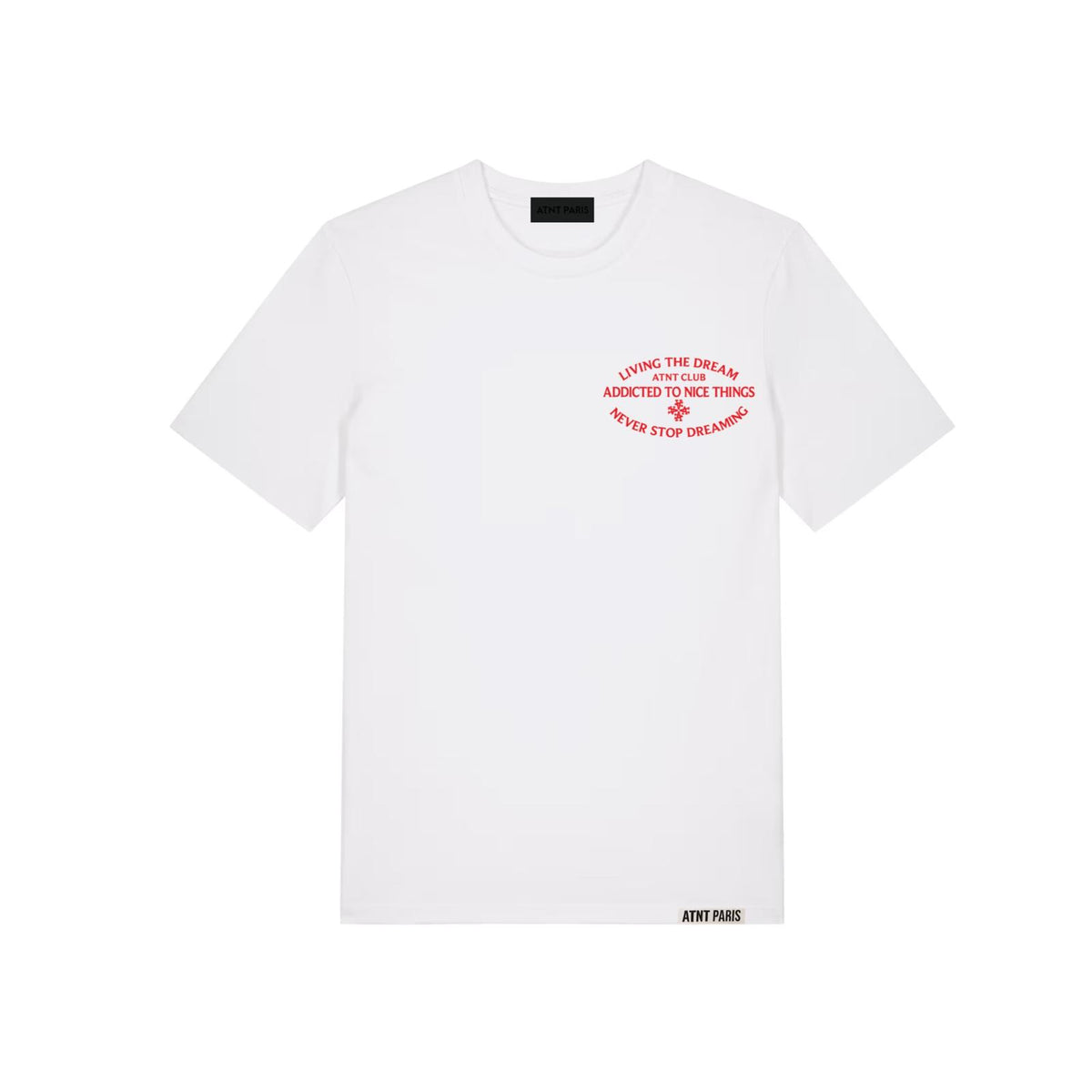 T-shirt classique blanc Never Stop Dreaming ATNT PARIS, vue de face.