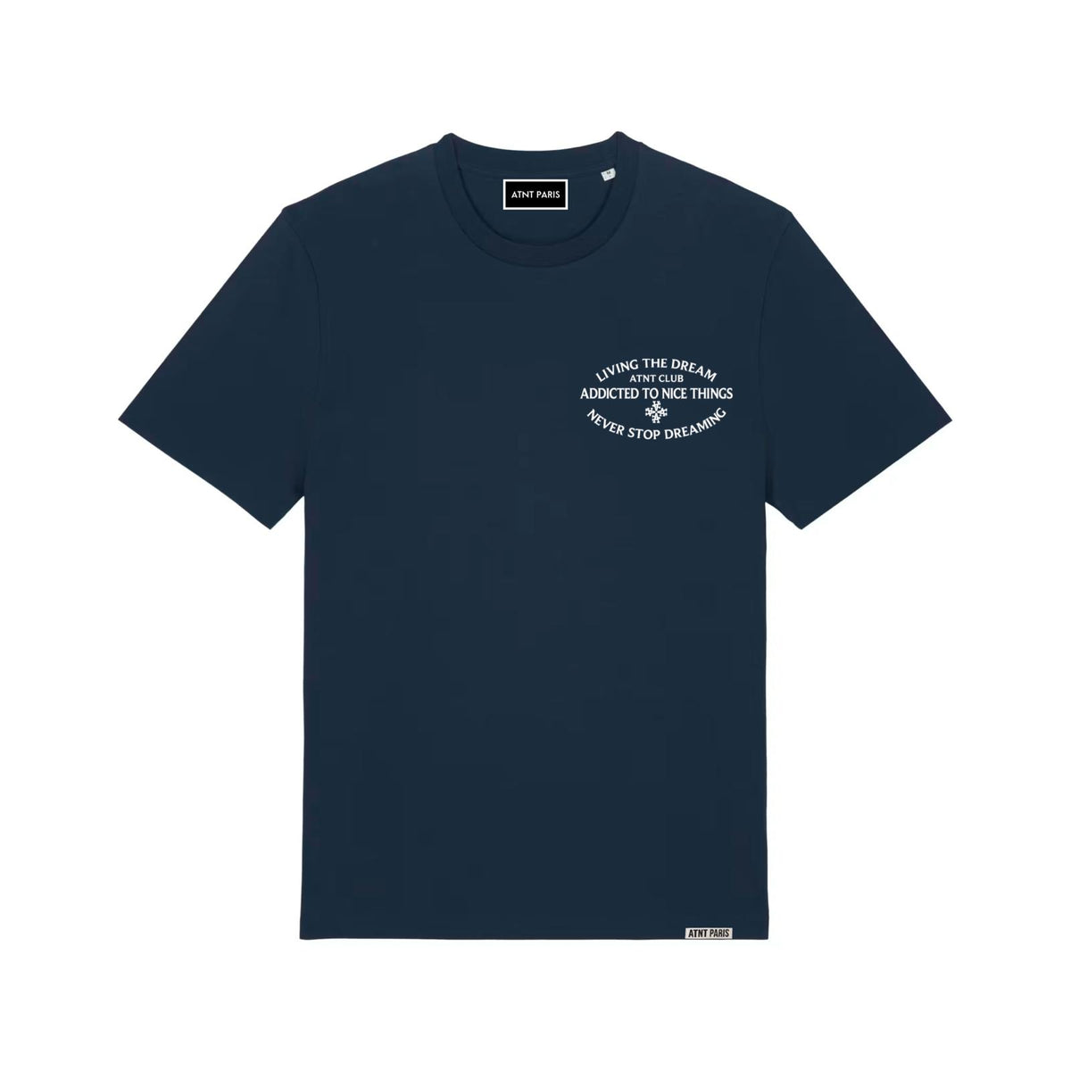 T-shirt classique bleu marine Never Stop Dreaming ATNT PARIS, vue de face.