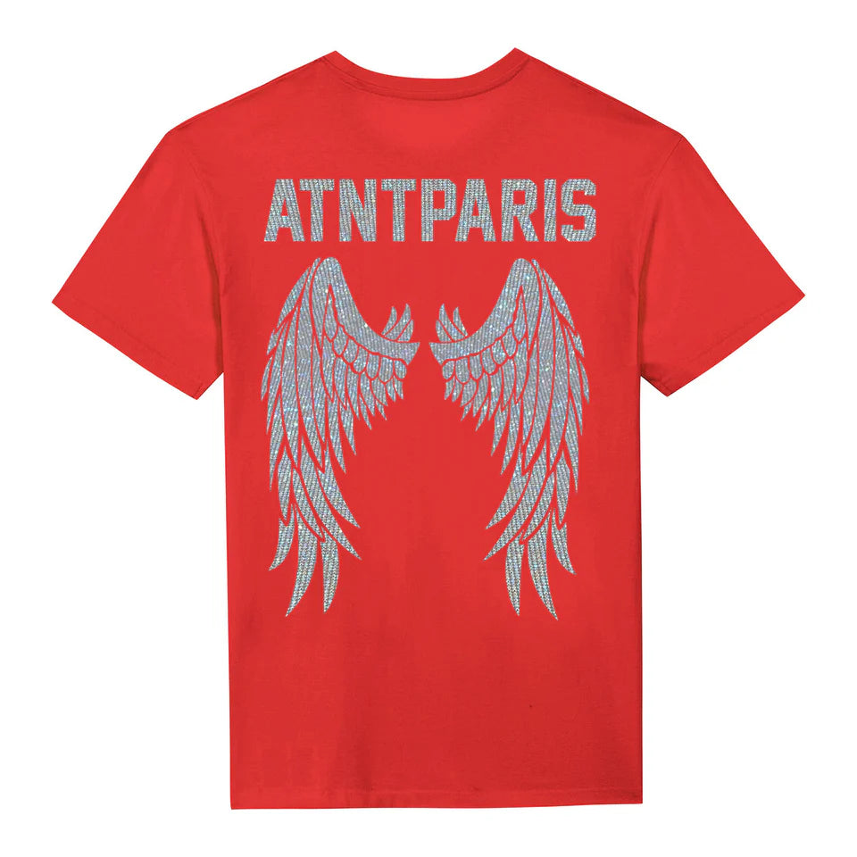 T-shirt unisexe rouge Dark Angel Strass ATNT PARIS, vue de dos, avec ailes en strass.