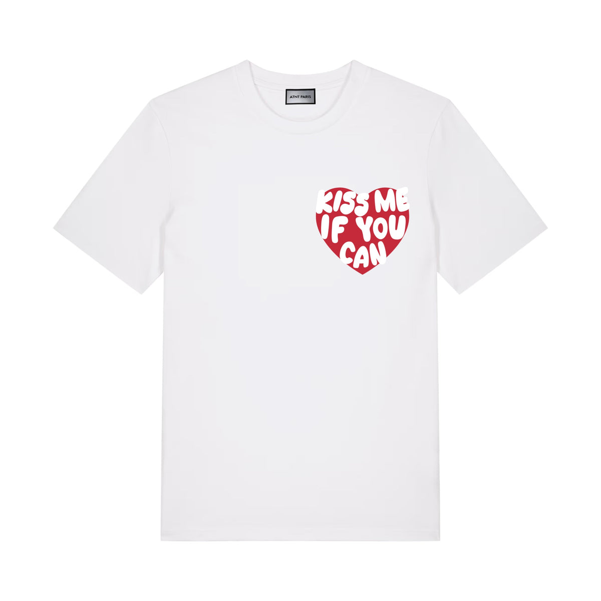 T-shirt Kiss Me If You Can blanc ATNT PARIS, vue de face.