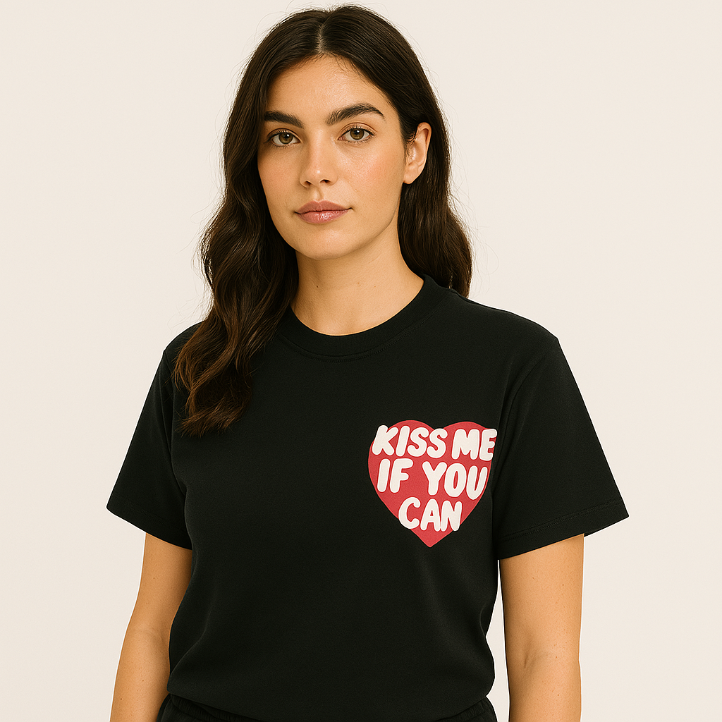 T-shirt Kiss Me If You Can noir ATNT PARIS, porté, vue de face.