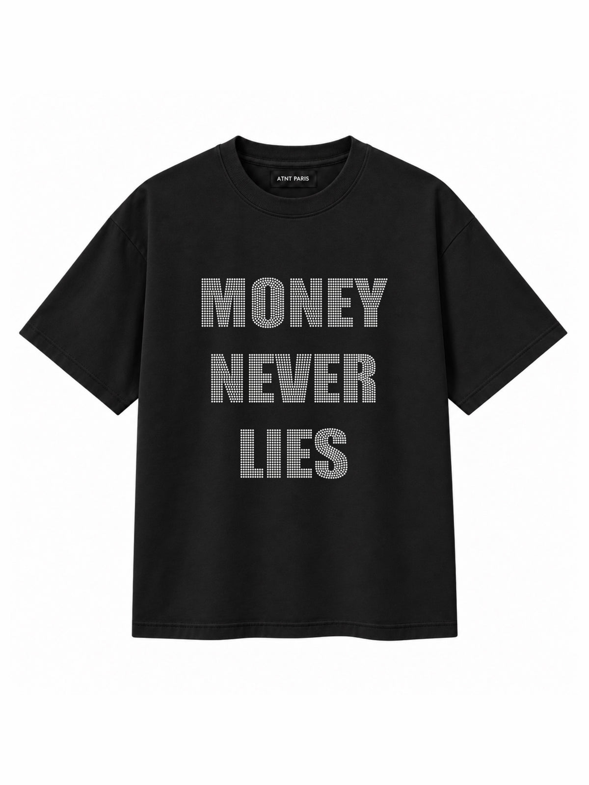 T-shirt noir Money Never Lies ATNT PARIS, vue de face.