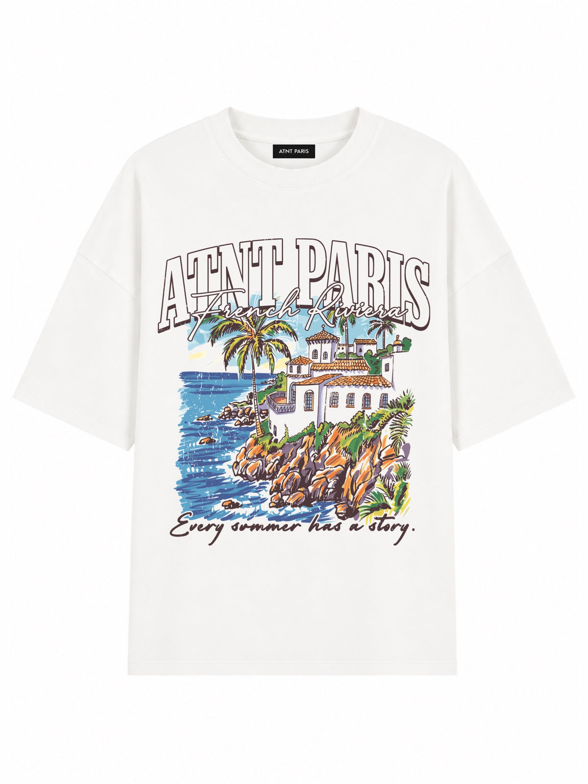 T-shirt oversize ample french riviera blanc ATNT PARIS, vue de face.
