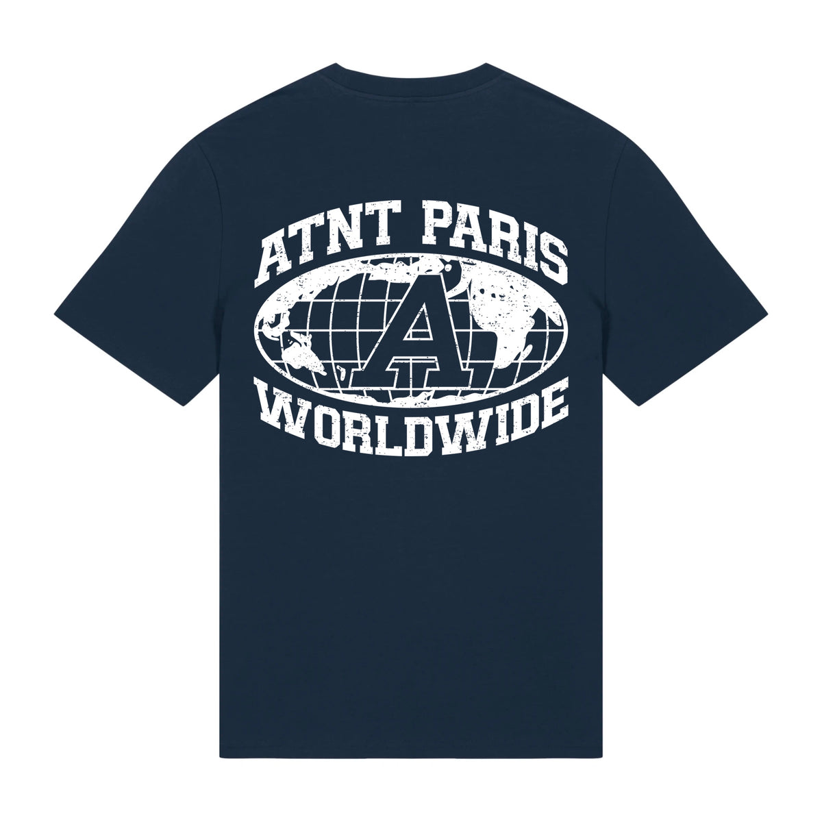 T-shirt unisexe bleu marine worldwide ATNT PARIS, vue de dos.