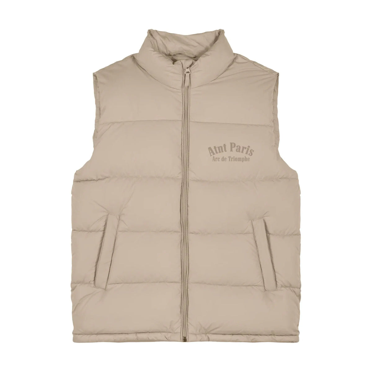 Veste doudoune puffer sans manche oversize beige Arc de Triomphe ATNT PARIS, vue de face.