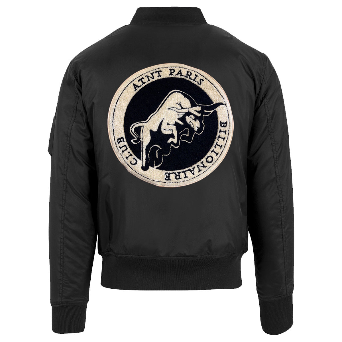 Blouson bomber noir Bulls ATNT PARIS, vue de dos avec grand motif de taureau.
