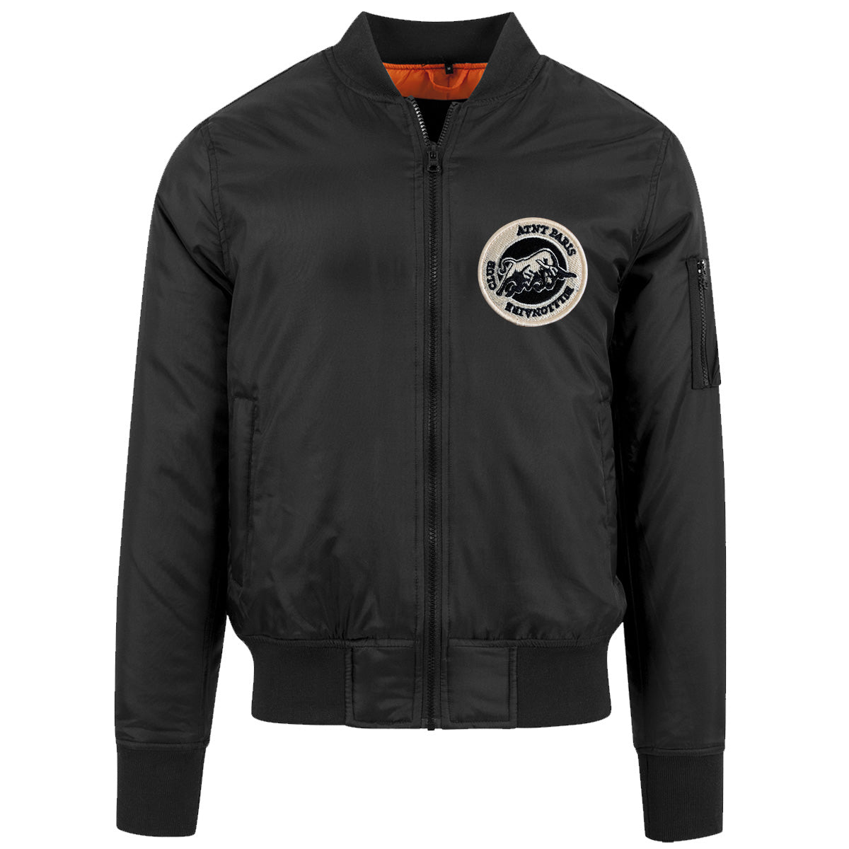Blouson bomber noir Bulls ATNT PARIS, vue de face.