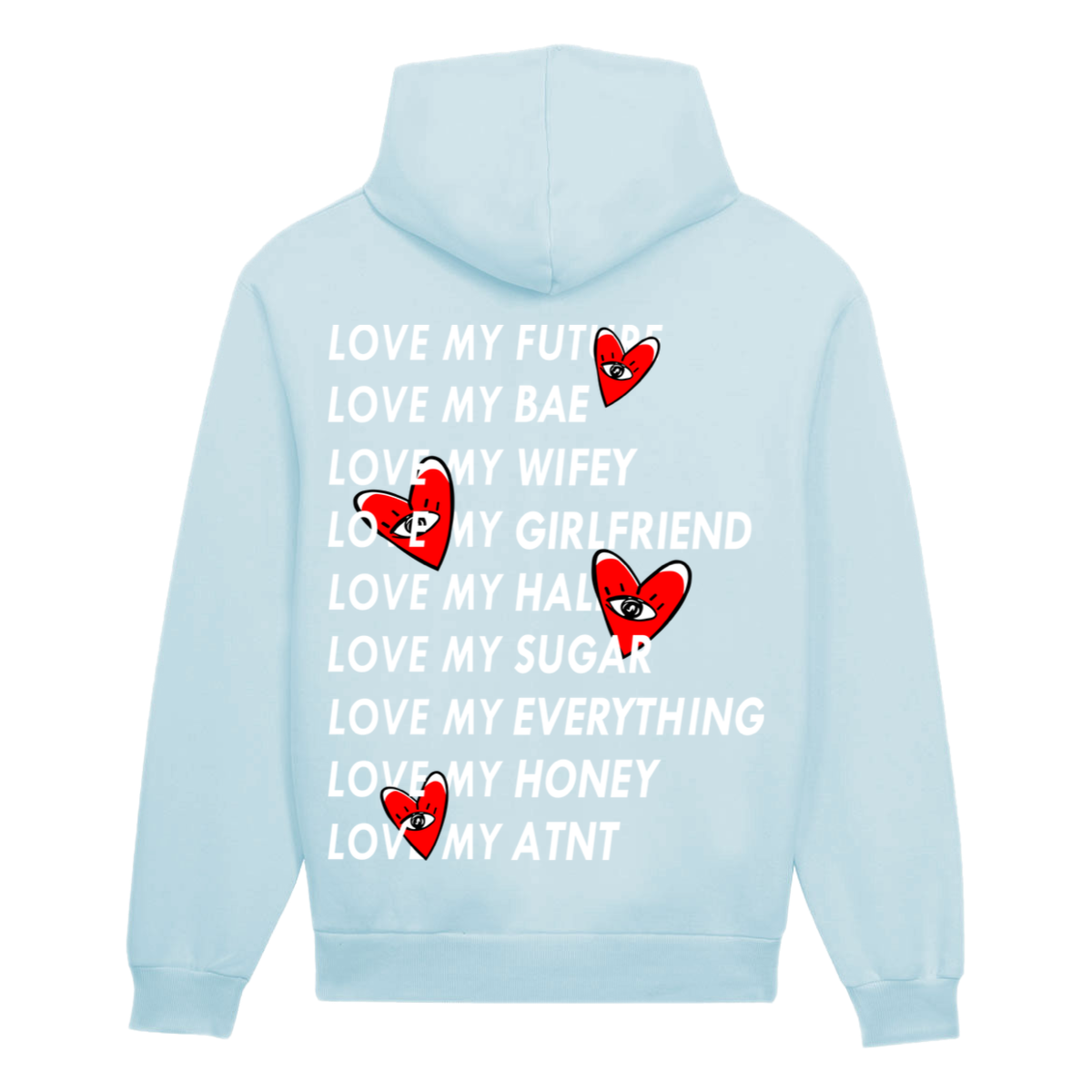 Sweat à capuche bleu ciel Love Heart ATNT PARIS, vue de dos avec inscriptions et motifs de cœurs.